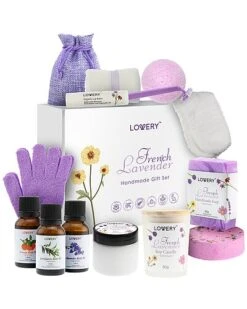 French Lavender Handmade Bath Gift Set, 18pc Relaxation Spa Kit, Selfcare Women