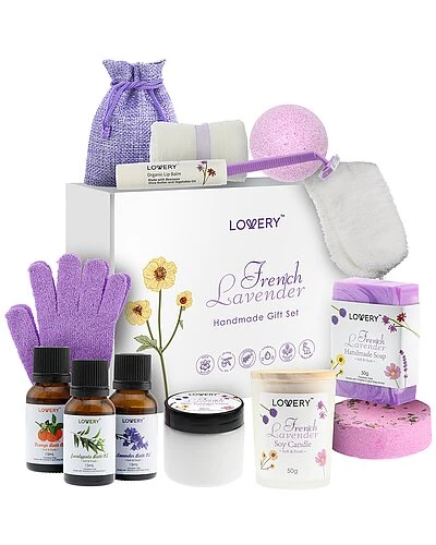 French Lavender Handmade Bath Gift Set, 18pc Relaxation Spa Kit, Selfcare Women