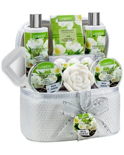 14pc Bath & Body Spa Gift - White Jasmine Set In A Beaded Cosmetic Bag Women